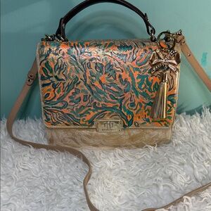 Brahmin Satchel  exclusive, rare Floral Accent Top-Handle Bag in Teal & Gold